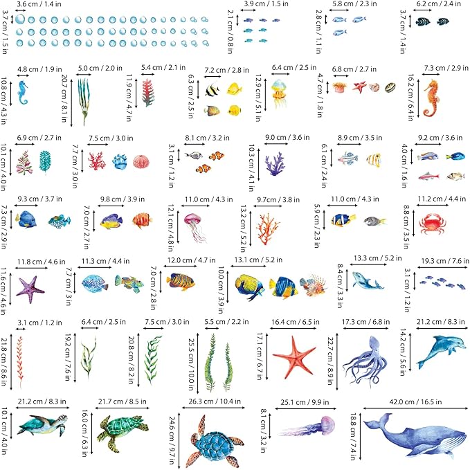 BASHOM DS12-8048 128 Pieces Under The Sea Wall Decals Ocean Fish Stickers Turtle Jellyfish Seaweed Removable for Kids Bedroom Nursery Living Room Home Art Decor Bathroom Baby