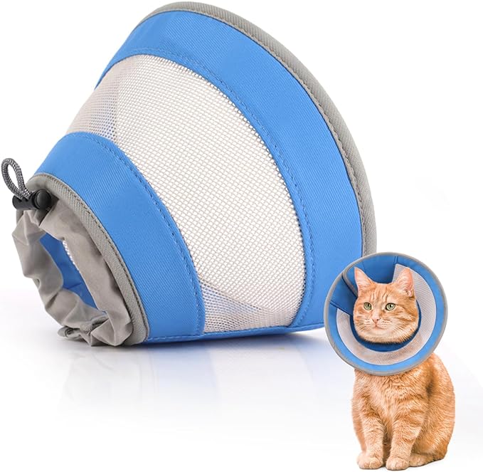 Breathable Air Mesh Cat Cone Collar Soft to Stop Licking, Adjustable, Foldable Lightweight Kitten Cones After Surgery Recovery for Cats & Kittens (Blue, S)