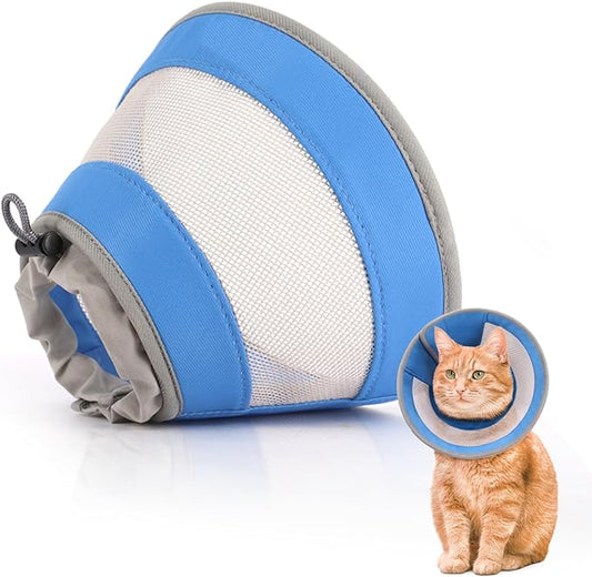 Breathable Air Mesh Cat Cone Collar Soft to Stop Licking, Adjustable, Foldable Lightweight Kitten Cones After Surgery Recovery for Cats & Kittens (Blue, S)