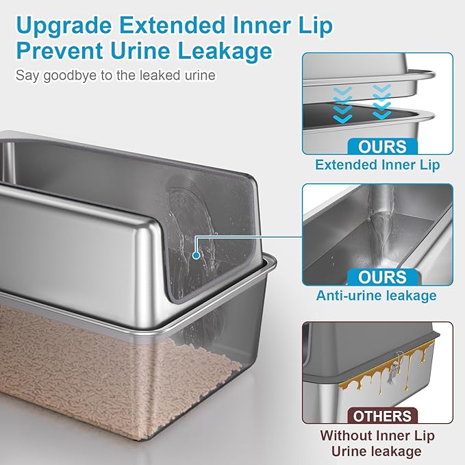 14'' High Sides XXL All Stainless Steel Cat Litter Box with Lid,XL Deep Metal Litter Box for Big Cats,Extra Large Litter Boxes with High Wall Enclosure,Anti-Leakage,Never Absorbs Odors,Non-Sticky