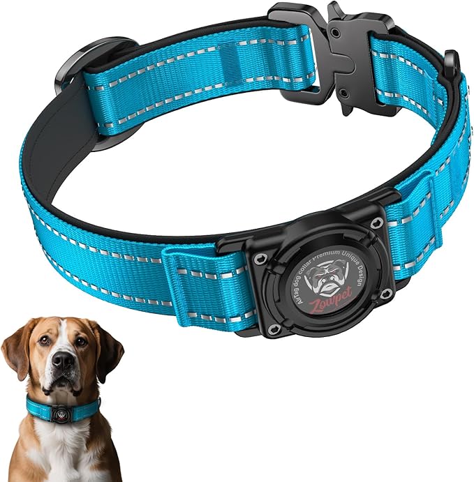2025 Upgrade Airtag Dog Collar, Reflective Dog Collar with Airtag Holder, IP68 Waterproof| Metal Buckle| Ultra-Durable| Comfortable Padded, GPS Dog Collars for Medium Large Dogs (Blue,L)