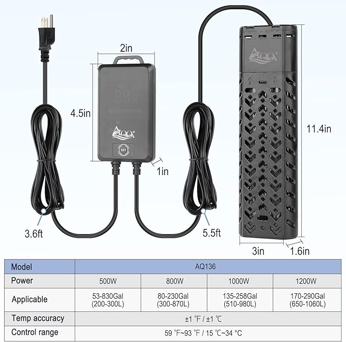 AQQA Aquarium Heater 500W for 55-130 Gallon Fish Tank Heater Quartz Glass Submersible Betta Fish Heater for Aquarium Thermostat Heater with External Digital Controller (AQ136-500W for 55-130Gal)