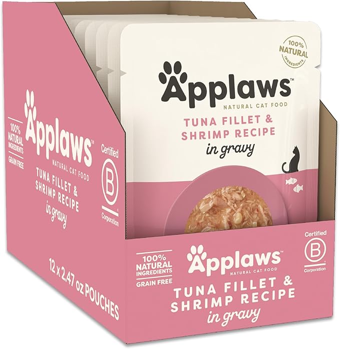 Applaws Natural Wet Cat Food in Gravy, Limited Ingredient Wet Cat Food Pouches, No Additives, Made with Natural Ingredients, Tuna with Shrimp in Gravy (12 x 2.47oz Pouches)