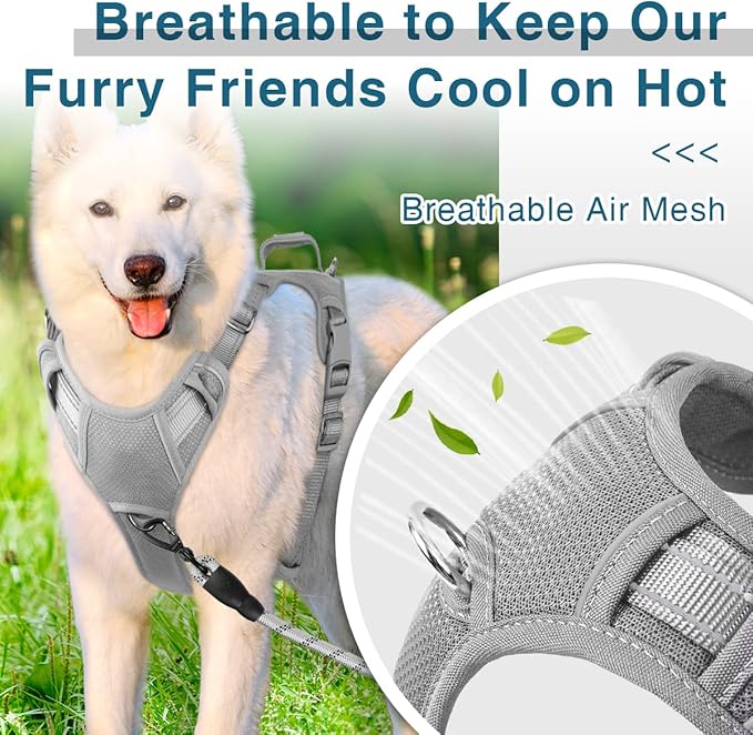 BARKBAY Dog Harness No Pull with ID Tag Pocket - Heavy Duty, Reflective, Easy Control for Large Dogs(Grey,M)