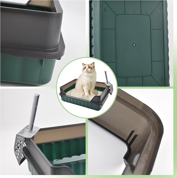 Cat Litter Boxes Large,Kitty Litter Box Low Entry High Sides,Semi Enclosed Front Entry Cat Pan Anti-Splashing Detachable Kitten Toilet with Scoop (Green)