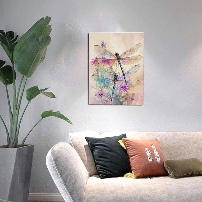 Dragonfly Bathroom Pictures Wall Art, Floral Bathroom Wall Decor, Framed Painting Canvas Artwork for Bedroom Living Room Decorations 16"L x 12"W