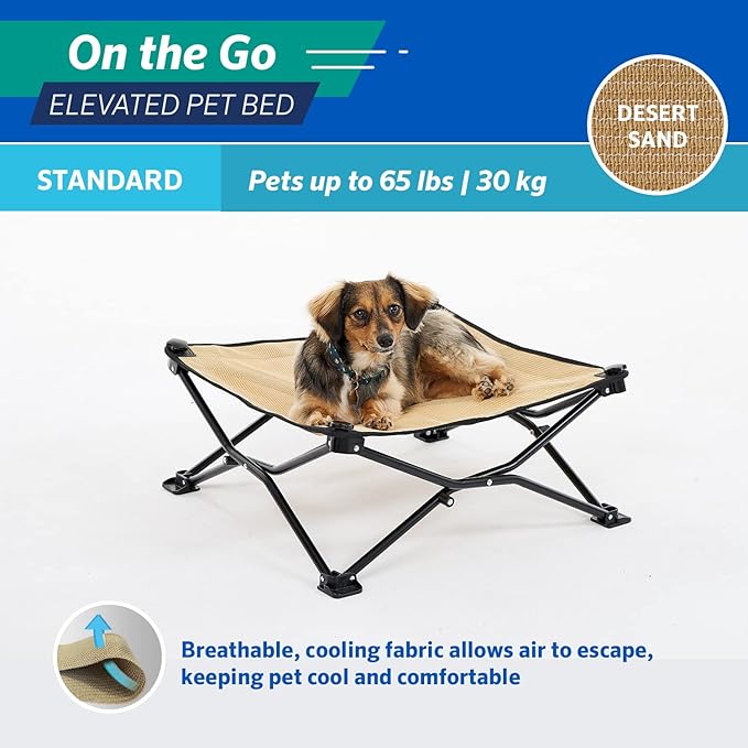 Coolaroo On-The-Go Elevated Dog Bed - Foldable Pop-Up Travel Dog Bed with Breathable, Moisture-Resistant Fabric, Carry Bag Included, Lightweight & Portable, Desert Sand, Standard
