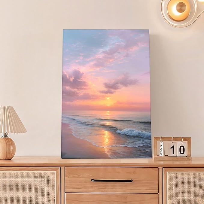Beach Sunset Wall Art Ocean Coastal Scenery Wall Decor Seascape Picture Canvas Landscape Painting Print Framed Artwork Decorations for Living Room Office Bedroom Kitchen 16"x24"