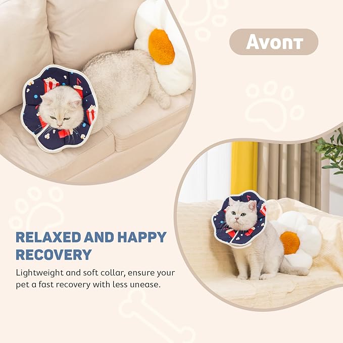 Avont Soft Cat Recovery Cone Collar, Adjustable Lightweight Kitten E-Collar for Small Dogs, Comfortable Neck Donut Stop Licking Scratching After Surgery -Popcorn(XS)