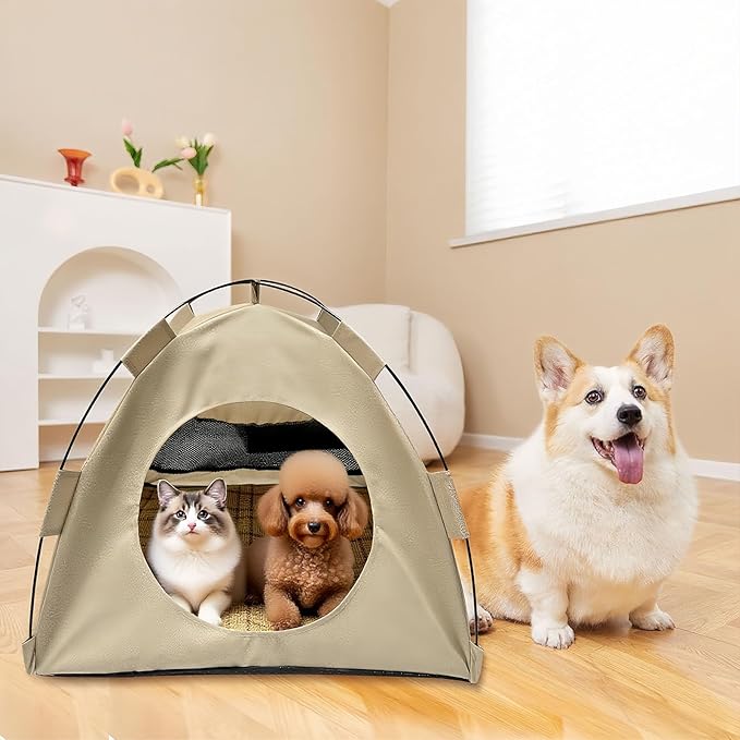 BreezyDen Pop-Up Pet Tent – Portable Hideaway for Cats & Small Dogs, Portable Indoor/Outdoor Pet Tent House with Mesh Window, Waterproof, Breathable, Scratch-Resistant, Fully Washable (Brown,M)