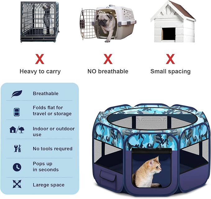 Dog Playpen, Pet Playpen, Portable Cat Playpen, Foldable Puppy Playpen Exercise Kennel Tent with Carry Case Collapsible Bowl,Water-Resistant Shade Cover for Indoor Outdoor Travel （Bule,Medium）