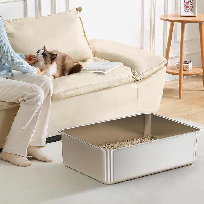 2 Pack Cat Pan Giant 28" Extra Large Stainless Steel Cat Litter Pan Metal Cat Litterbox for Big Cats and Multiple Cats, Anti-Leakage, Easy Cleaning