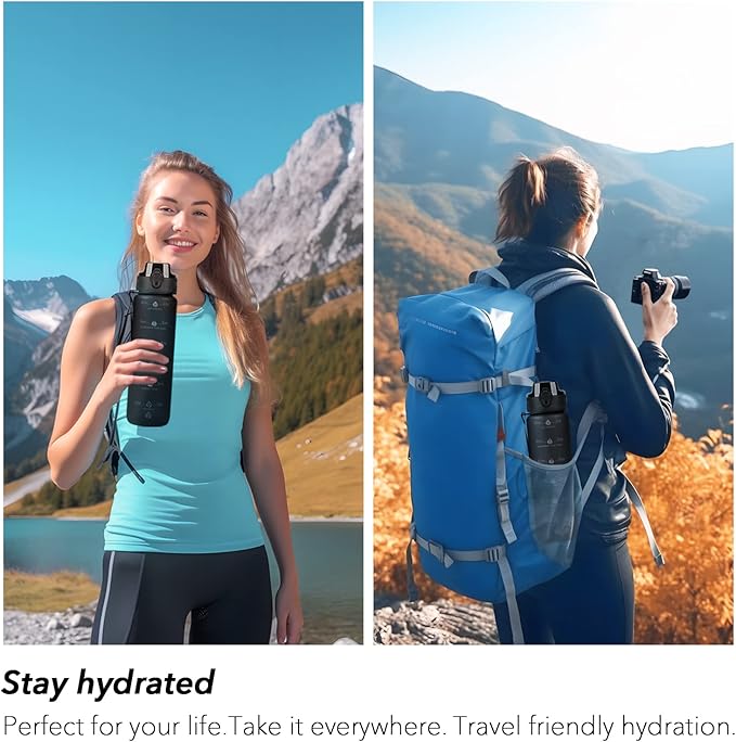 32oz Motivational Water Bottles with Time Marker & Fruit Strainer, Transparent Gradient Color Water Bottle with Times to Drink, Leakproof & BPA Free, Reusable Bottle with Strap (No Straw)