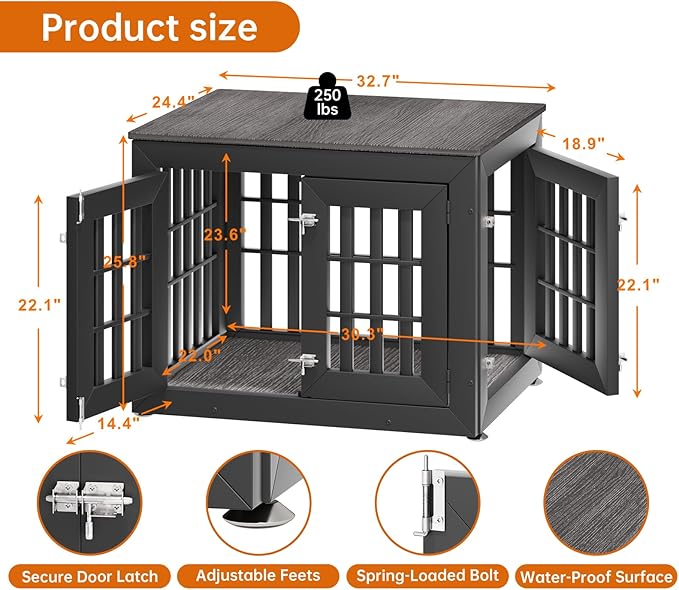 32" Heavy Duty Dog Crate Furniture for Small,Medium and Large Dogs,Rustic Wooden Dog Cage Kennel Indoor Furniture with Waterproof Top,Decorative Pet House Side End Table (Black & Grey)