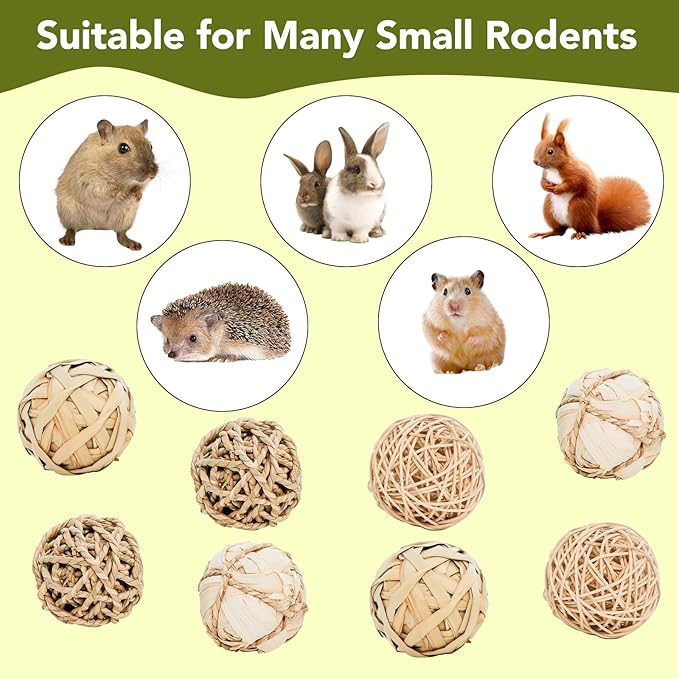 8 Pack Small Pet Chew Toys - 7cm Natural Woven Balls for Rabbits, Guinea Pigs, Hamsters (2 Seagrass, 2 Rattan, 2 Corn Husk, 2 Seaweed Rope) - Safe Dental Grinding Toys