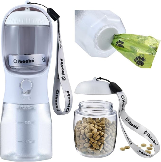 Dog Water Bottle with Food Container & Poop Bag Holder, Travel Water Bowl, Portable Pet Dispenser, Dog Stuff Accessories Items, Puppy Essentials Necessities for Yorkie Chihuahua Walking Hiking