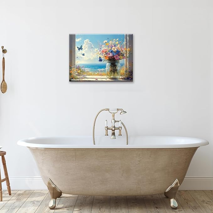 Beach Floral Bathroom Pictures Wall Art, Colorful Flower Bathroom Wall Decor, Coastal Ocean Framed Painting Canvas Artwork for Bedroom Living Room Decorations 16"L x 12"W