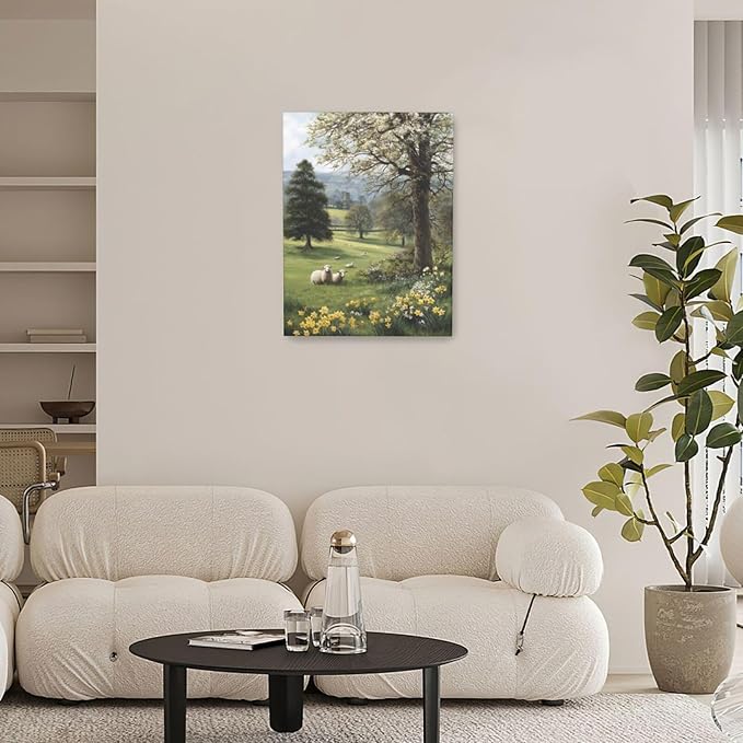 Country Sheep Canvas Wall Decor Farmhouse Rustic Lamb Wildflower Wall Art Nature Countryside Landscape Pictures Painting Print Framed Artwork Decorations for Bathroom Living Room Bedroom 12"x16"