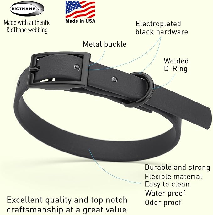 Dogline Biothane Waterproof Dog Collar Strong Coated Nylon Webbing with Black Hardware Odor- Proof for Easy Care Easy to Clean High Performance Fits Small Medium or Large Dogs, Black