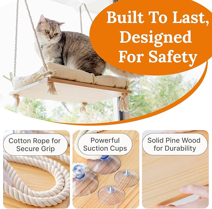 Cat Window Perch - Hammock Bed for Cats Inside - Solid Wood Seat, 4 Strong Suction Cups, Soft Cushion - Rustic Indoor Pet Shelf