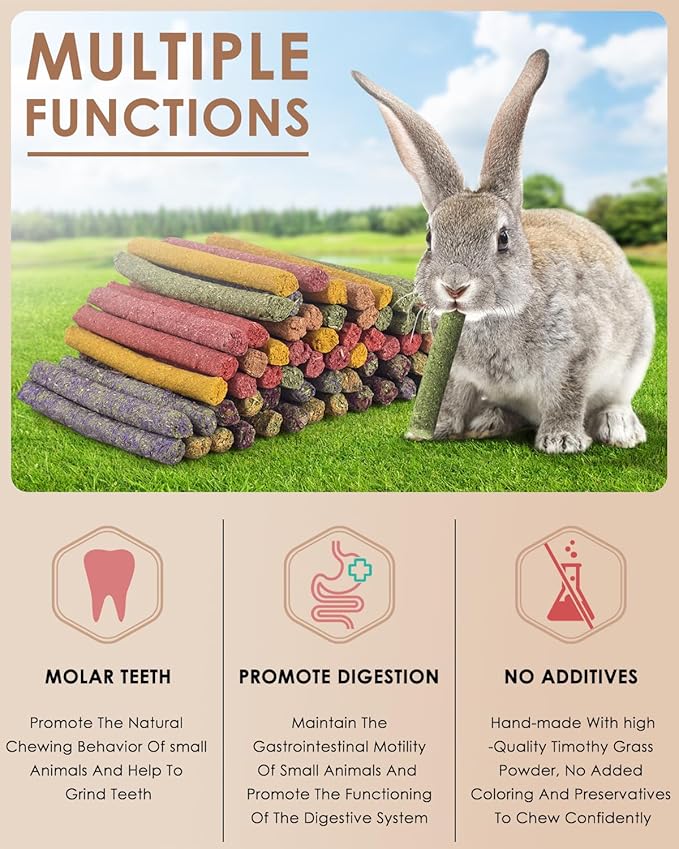 Bissap 72 PCS Rabbit Chew Sticks, Natural Timothy Hay Pumpkin Sugar Beet Carrot Strawberry Rose Dahlberg Daisy Forget-me-not Flower Treat for Bunny Chinchilla Guinea Pig Hamster Small Pet Molar Snack