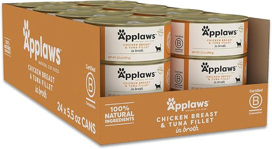 Applaws Natural Wet Cat Food in Broth, Limited Ingredient Canned Wet Cat Food, No Additives, Made with Natural Ingredients, Chicken Breast & Tuna Fillet in Broth (24 x 5.5oz Cans)