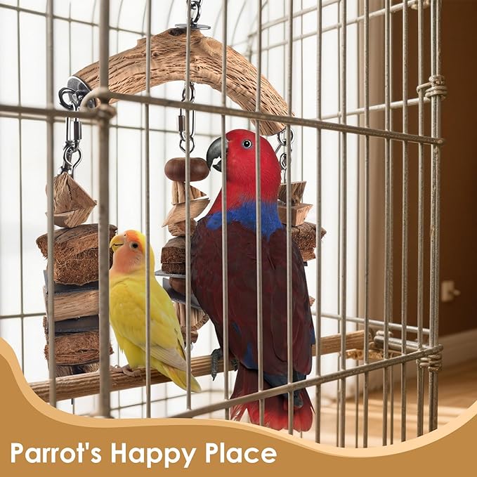 Bird Parrot Toys, Large Birds Wooden Chew Blocks with Stainless Steel Cage Hanging Bite Toy for Macaws, African Greys, Cokatoos, Amazon Parrots and Small Medium Parakeets