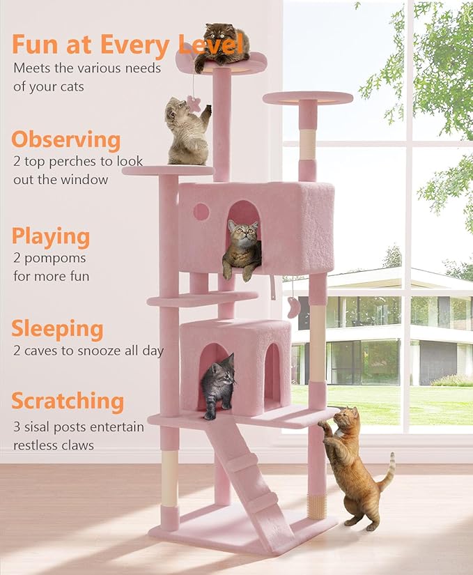 77'' Cat Tree Tower for Indoor Cats Large Adult, Cute/Tall Modern Cat Tree for Big Cats 20 lbs, Plush Multi-Level Cat Condo with Scratching Posts,Dangling Ball (Soft Pink, 77 inch)