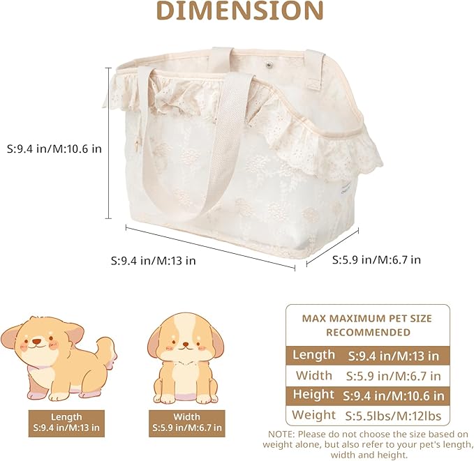 Dog Carrier for Small Dogs Rabbit cat with Lace Design, Cotton Bag, Dog Carrier Soft Sided, Collapsible Travel Puppy Carrier (Beige, 9.4" L x 5.9" W x 9.4" H)