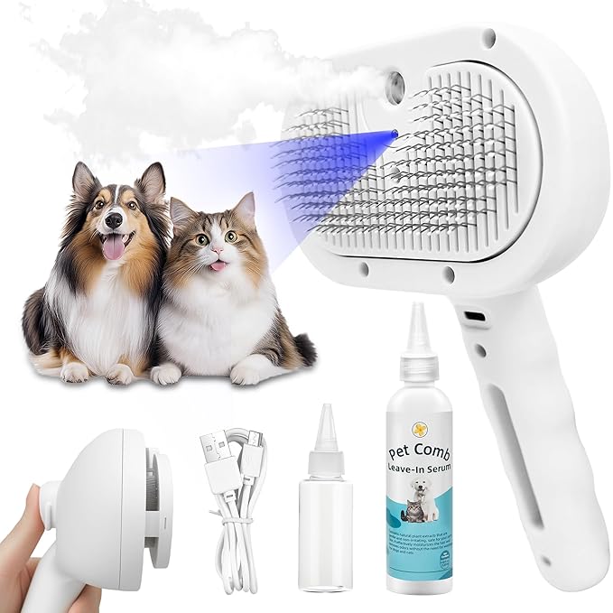 4-in-1 Pet Grooming Steam Brush for Cats & Dogs – Steam Spray, Blue Light, Hair Removal, Self-Cleaning Comb – Includes Pet Waterless Shampoo