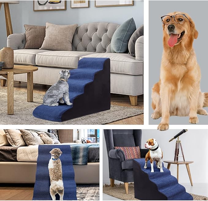 Dog Stairs&Steps for High Beds Up to 28'', 5-Step Dog Ramp for Small Medium Dogs with Washable Cover, Pet Steps for Cats to Get on Couch and Sofa, Durable Foam Ladders, 24.4" Tall, Blue