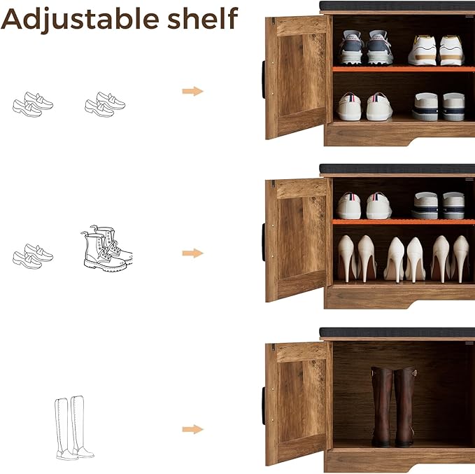 2-Tier Storage Bench, Shoe Bench with Padded Seat Cushion, Entryway Bench with 4 Barn Doors, Adjustable Shelf, 13.8" D x 47.2" W x 17.7" H, for Entryway, Living Room, Bedroom, Rustic Walnut