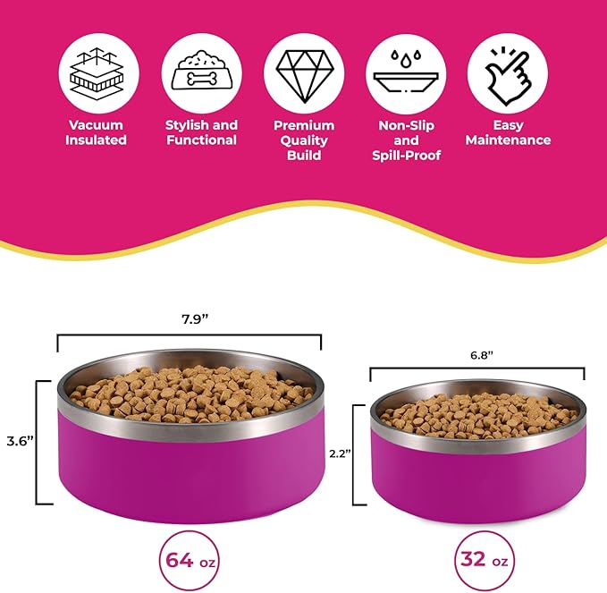 Bright Pink Dog Bowl for Small Dogs, 32 oz Non Slip Stainless Steel Pet Bowl, Vacuum Insulated Pet Bowl That Keeps Water Cool (32 oz, Bright Pink)
