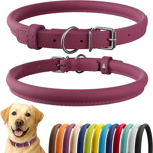 CollarDirect Rolled Leather Dog Collar, Soft Padded Round Puppy Collar, Handmade Genuine Leather Collar Dog Small Large Cat Collars 13 Colors (18-22 Inch, Pink Smooth)