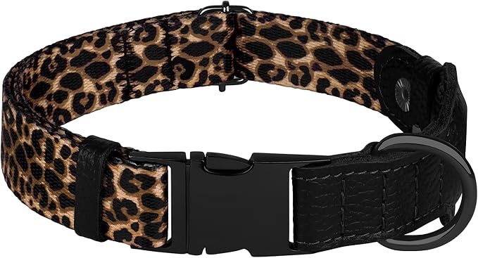 AirTag Dog Collar for Small Medium Large Breed - Adjustable Cute Pattern Dog Collar with Airtag Holder - Soft Leather Tracker GPS Apple Air Tag Pet Collars (X-Large, 20"-25" Neck Fit, Leopard)