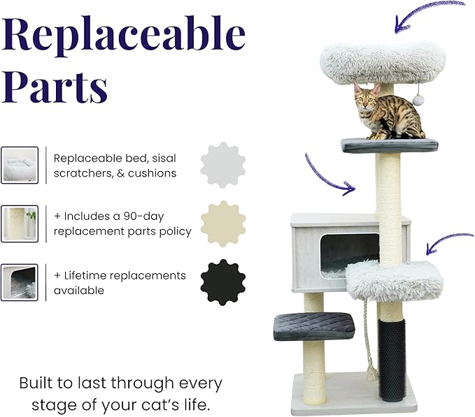 Catry Kasio 6 Level 54" High Modern Cat Tree with Laminated Wood Condo,Replaceable Scratching Posts,Removeable Washable Beds, Self Grooming Brush and Toys.(Light Gray)