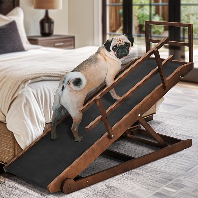 Dog Ramp for Bed, Adjustable Pet Ramps for Dog to Get on Bed, Non-Slip Rubber Surface - Folding Wooden Dog Ramp for Small/Large/Old Dogs, Adjustable up to 31 inch High Beds, Safety Railings
