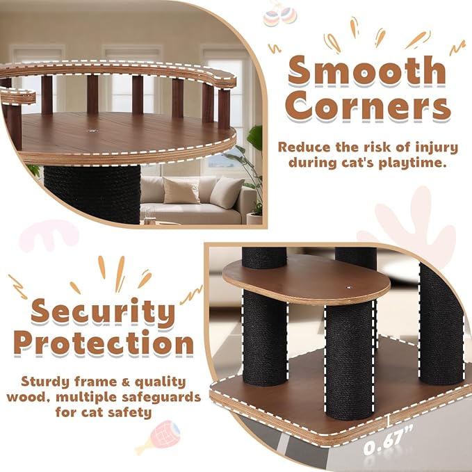 63'' Modern Cat Tree, Black Cat Tower with Scratching Post, Wooden Cat Tree for Indoor Cats Large Adult, Luxury Cat Furniture, Heavy Duty Activity Center with Transparent Bowl and Semi-Closed Condo