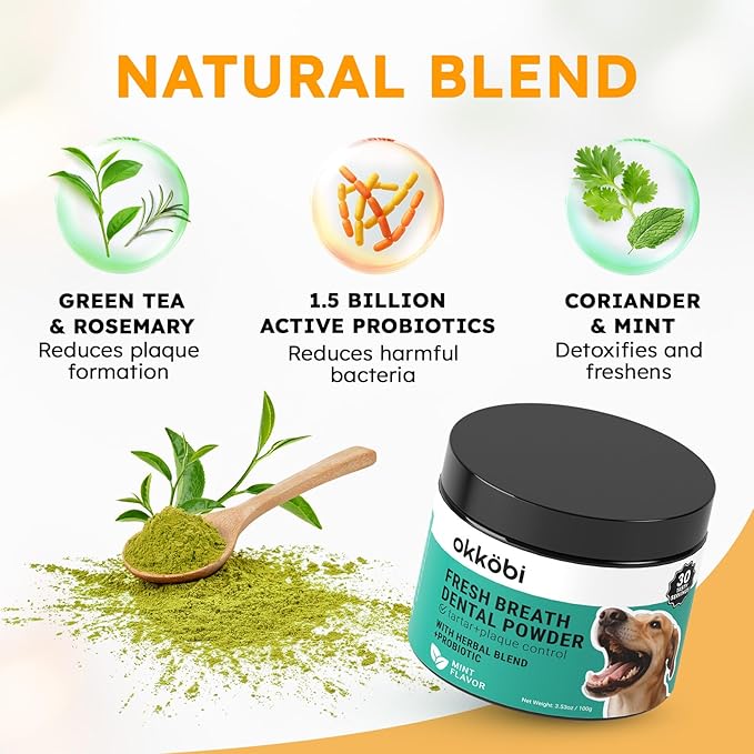 Dog Teeth Cleaning Powder - Dog Breath Freshener + Dental Care for Doggies & Cats + Tartar Remover for Teeth with Natural Ingredients + Probiotics Blend (Mint - 100g)