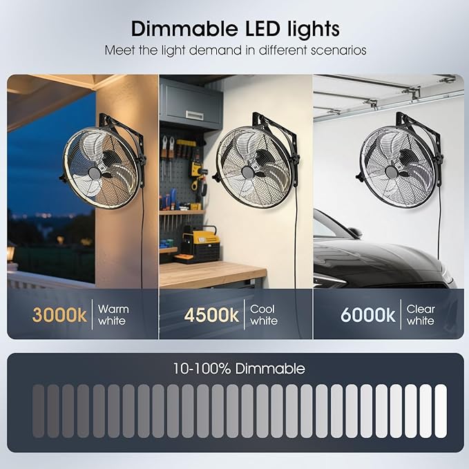 20 inch Wall Mount Fan with Lights and Remote,6-Speed Gazebo Ceiling Fan Adjustable Tilt Dimmable Wall Fan,High Velocity Industrial Outdoor Fans for Patio,Garage,Commercial,Black