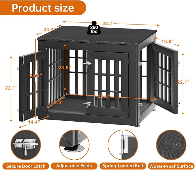 32" Heavy Duty Dog Crate Furniture for Small,Medium and Large Dogs,Rustic Wooden Dog Cage Kennel Indoor Furniture with Waterproof Top,Decorative Pet House Side End Table (Black)