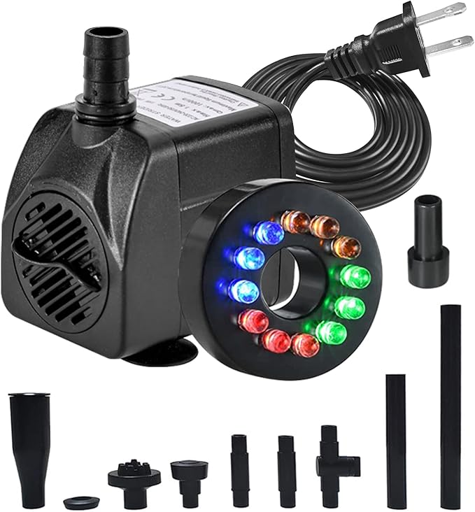 15W 1000L/H Submersible Fountain Water Pump with 12 Colorful LED Lights, Mushroom and Blossom Spray Head for Fountain,Pond,Outdoor Water Feature, Statuary Gardens,Aquarium Fish Tank