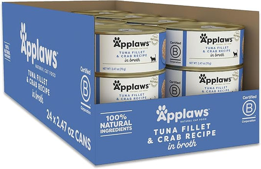 Applaws Natural Wet Cat Food in Broth, Limited Ingredient Canned Wet Cat Food, No Additives, Made with Natural Ingredients, Tuna Fillet & Crab in Broth (24 x 2.47oz Cans)