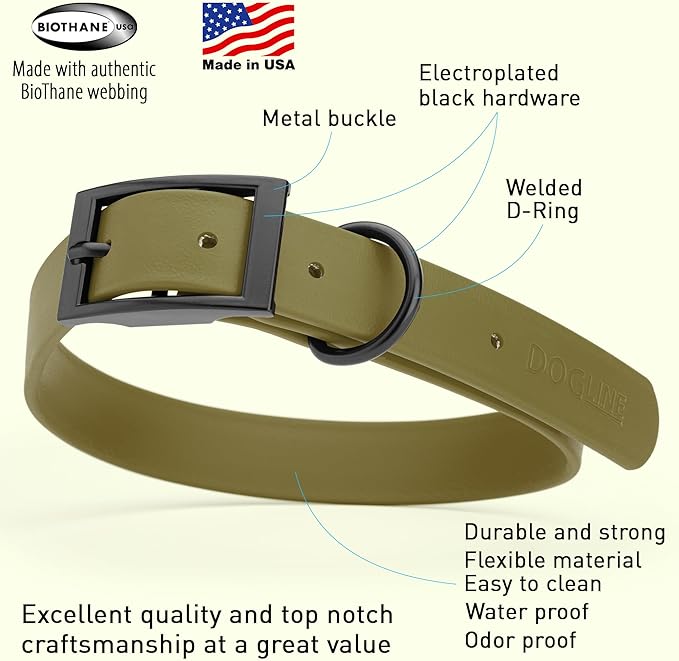 Dogline Biothane Waterproof Dog Collar Strong Coated Nylon Webbing with Black Hardware Odor- Proof for Easy Care Easy to Clean High Performance Fits Small Medium or Large Dogs, Olive Drab Green