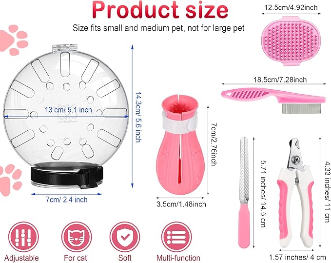 Cat Muzzle for Grooming Cat Adjustable Hood with Paw Covers Nail Clipper Trimmer Brush Tick Remover Tool Kitten Breathable Anti Bite Muzzles Silicone Anti Scratch Boots for Cats Bathing Shaving