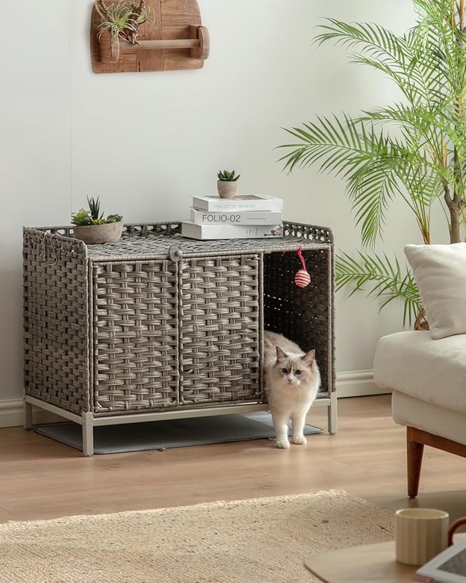 Cat Litter Box Enclosure Furniture with Divider, Handwoven Rattan Litter Box with Mat, 31.2 x 19.6 x 24.2 Inches, Metal Heightened Feet, Hidden Cat House for Living Room, Bedroom (Gray)