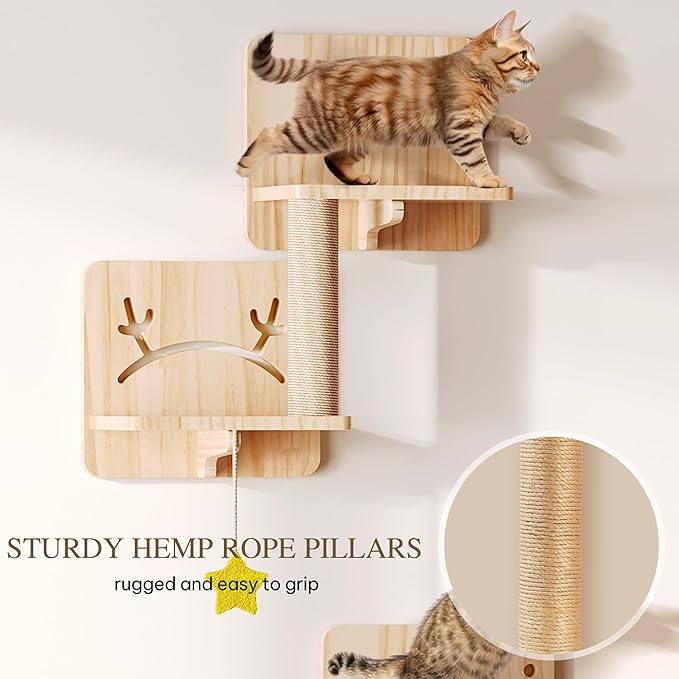 Cat Wall Shelves, Cat Wall Furniture Pine Wooden Feline Shelf, 13 Piece Shelves and Perches with Bowl, Warmer Mat, Condo, House, Steps and Cat Scratcher