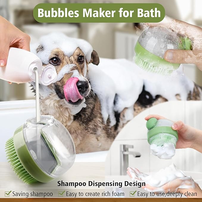 Dog Bath Scrubber Brush, 2 PCS Pet Dog Grooming Massage Shampoo Bath Brush with Soap and Shampoo Dispenser Soft Silicone Bristle for Long Short Haired Dogs Cats Shower
