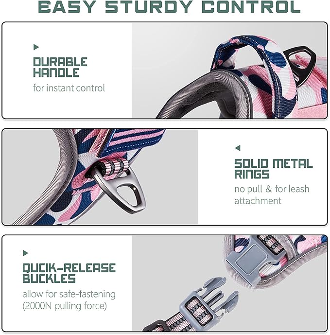 BUMBIN Tactical Dog Harness for Medium Dogs No Pull, Famous TIK Tok No Pull Dog Harness, Fit Smart Reflective Pet Walking Harness for Training, Adjustable Dog Vest Harness with Handle Pink Camo M