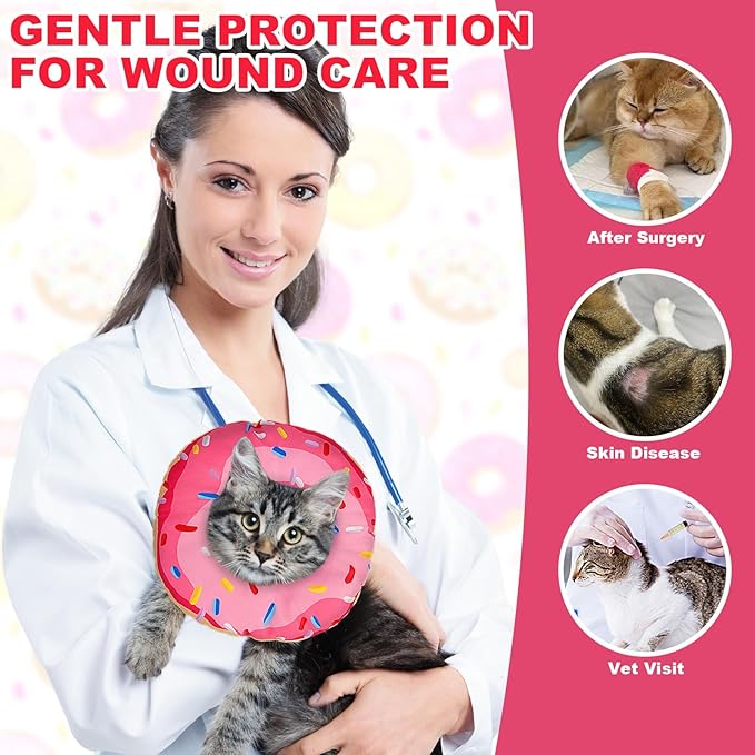 BINGPET Cat Cone Collar Soft,Waterproof Cat Recovery Collar to Stop Licking,Cute Donut Elizabethan e Collar for Cats Kittens Puppies Wound Healing After Surgery(Donut Pink,Medium)
